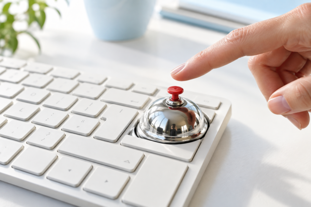 Une main hésite à appuyer sur une sonnette intégrée à un clavier d’ordinateur.