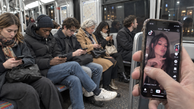Dans le métro, des voyageurs consultent leur téléphone ; un écran TikTok apparaît au premier plan.