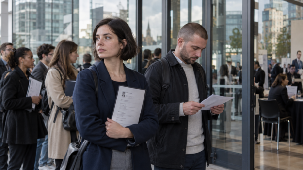 Des candidats attendent à l’entrée d’un salon de recrutement, leurs dossiers à la main.