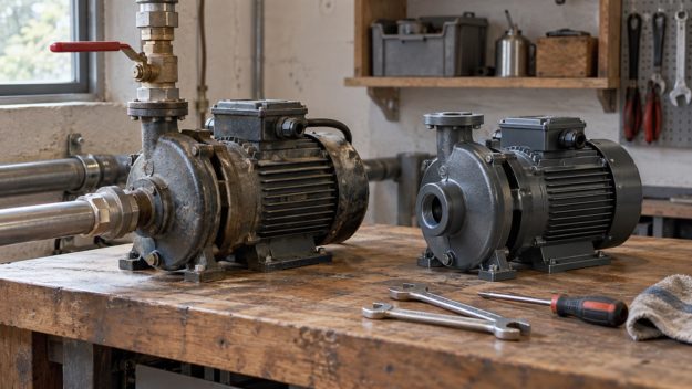 Deux pompes dans un atelier : l’une raccordée, l’autre disponible en réserve.