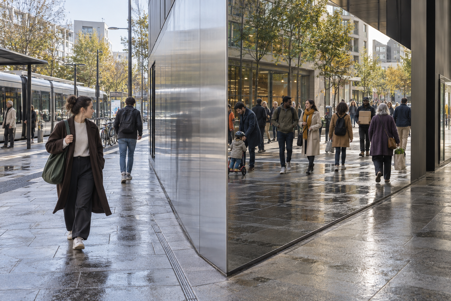 Un reflet architectural révèle la vie sociale dissimulée derrière un angle de rue
